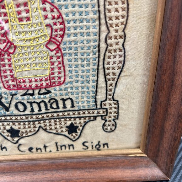 VTG Cross Stitch The Quiet Woman Wood Frame 12x10 Art 18th Cent. Inn Sign - Picture 4 of 10
